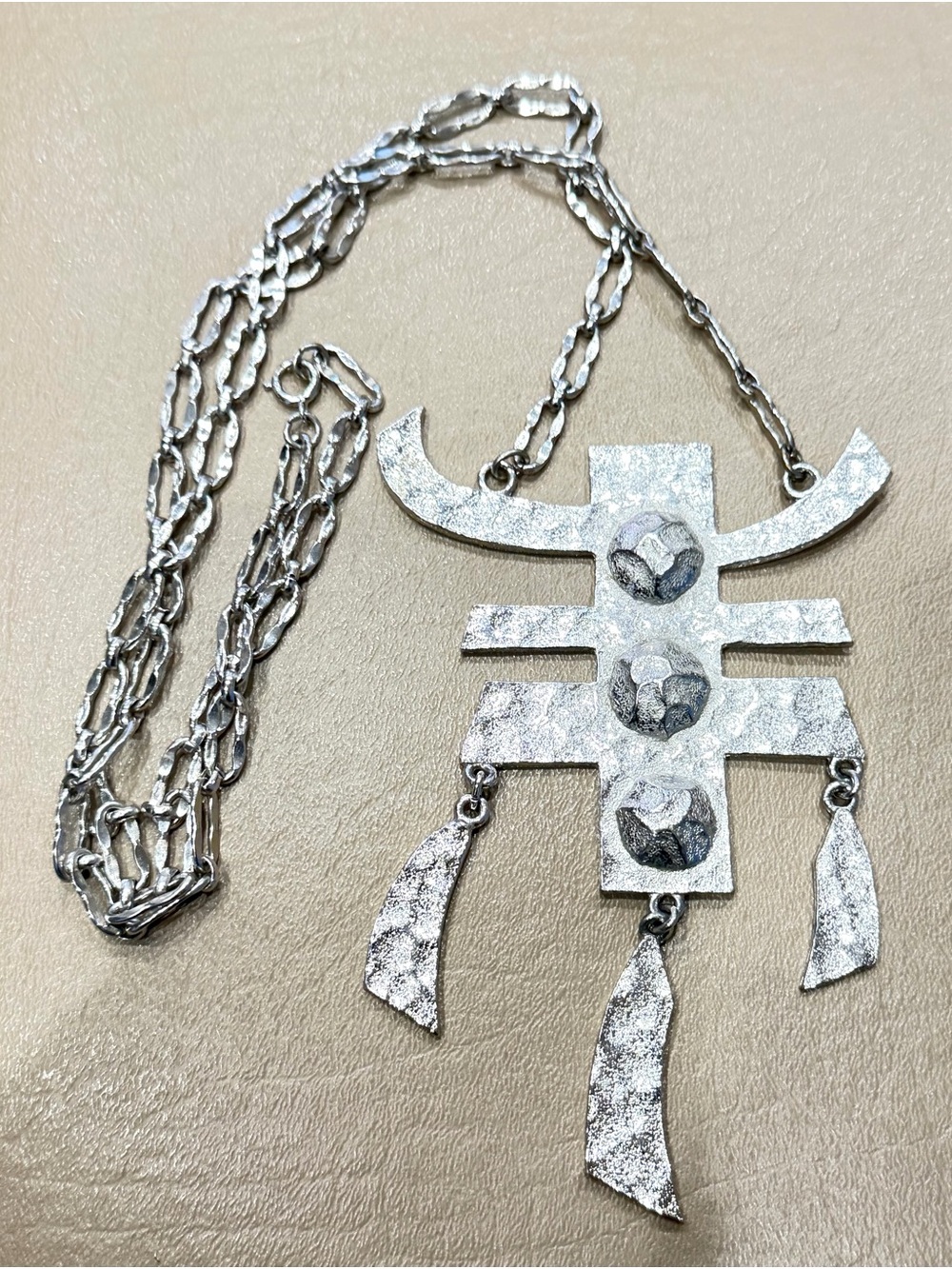 Napier Asian Silver Tone Motif Logo Necklace Haute Couture Runway Circa 1970